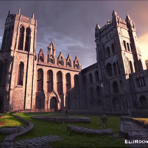 Prompt: imposing abbey, realistic, highly detailed, hd, unreal engine, guillermo del toro