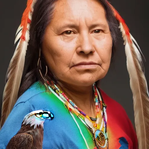Image similar to portrait of a native american woman with an eagle, portrait photography, studio lighting, 4 k