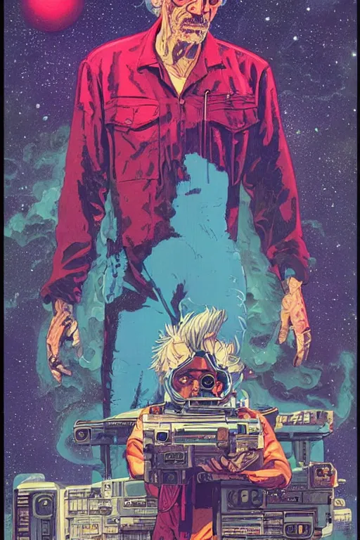 Prompt: Christopher Lloyd as Rick Sanchez, science fiction, retro cover, high details, intricate details, by vincent di fate, artgerm julie bell beeple, 60s, inking, vintage 60s print, screen print