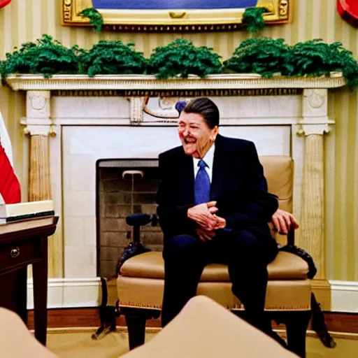 Image similar to a minion meeting president ronald reagan, zoom photograph, oval office,