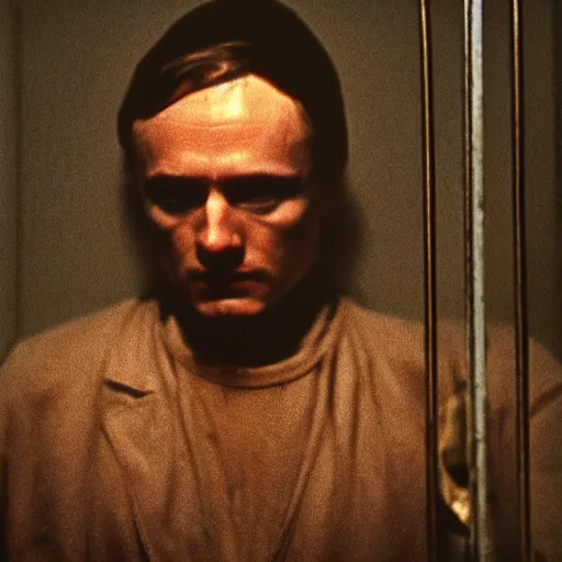 Prompt: medium shot portrait of hannibal lecter locked up in a cell, faded color film, russian cinema, mario testino, tarkovsky, technicolor, shallow depth of field, long brown hair, old clothing, heavy fog, brown color palette, sunset, low light, hudson river school, 4 k, dramatic lighting, concept art