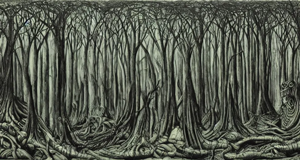 Image similar to Enchanted and magic forest, by HR Giger