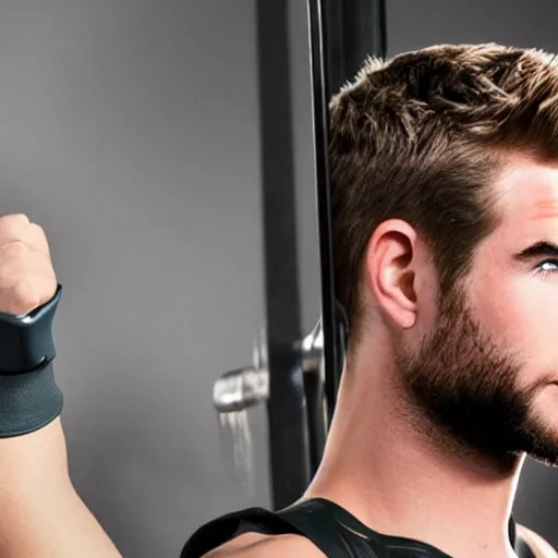 Image similar to a realistic detailed photo of a guy who is an attractive humanoid who is half robot and half humanoid, who is a male android, actor liam hemsworth, shiny skin, posing like a statue, blank stare, at the gym, on display, showing off his muscles