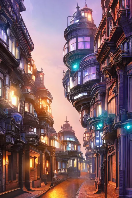 Image similar to a futuristic victorian city street, national geographic cover, award winning, 4 k, smooth, bright, light, colorful, victorian, futuristic, cyber - w 1 7 9 2