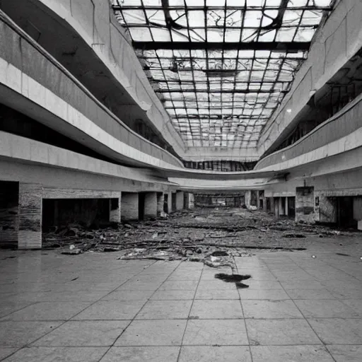 Image similar to abandoned super Mall in the post soviet era, MC Escher, destroyed, foggy weather, dark, uncanny