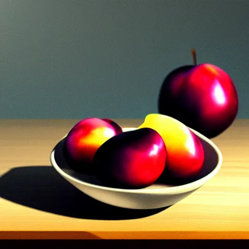 Prompt: concept art of a single bowl filled with a few moist freshly picked plums on a wooden table. digital painting. volumetric lighting. small scale. artistic. trending on artstation.