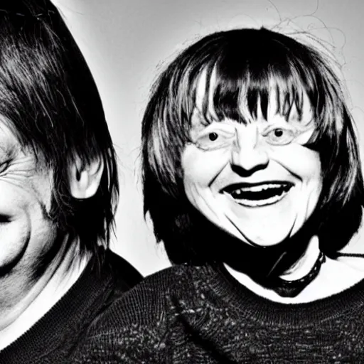 Prompt: laughing mark e smith with a cute kitty on his head