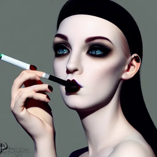 Prompt: a dignified young pale goth lady smoking a cigarette, photorealistic, sublime, 16k, smooth, sharp focus, cgsociety, trending on ArtStation, volumetric lighting