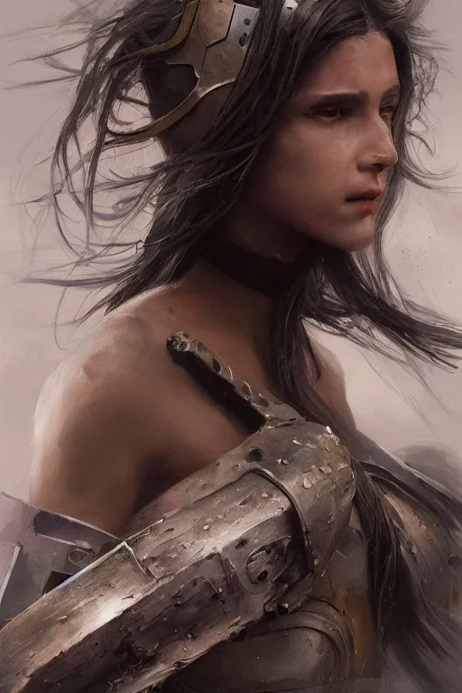 Image similar to a photorealistic painting of an attractive young girl, partially clothed in battle armor, olive skin, long dark hair, beautiful bone structure, symmetrical face, perfect eyes, intricate, elegant, digital painting, concept art, illustration, sharp focus, minimal artifacts, from Metal Gear, in the style of Ruan Jia and Mandy Jurgens, by Greg Rutkowski, trending on Artstation, award winning