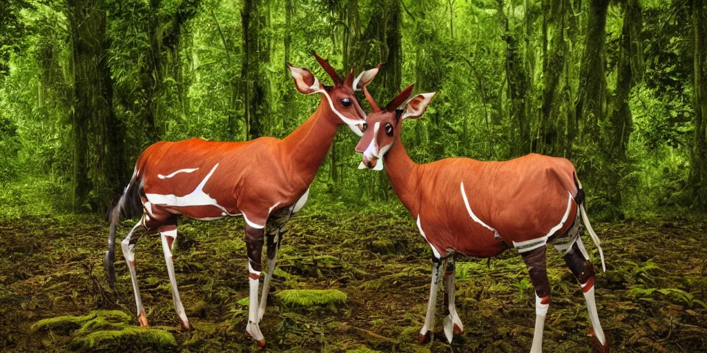 Prompt: an okapi spotted in a rainy, wet, very green congo forest, majestic!!! beautiful!!!, ethereal!!! ultra realistic, golden hour, volumetric lighting, sharp focus
