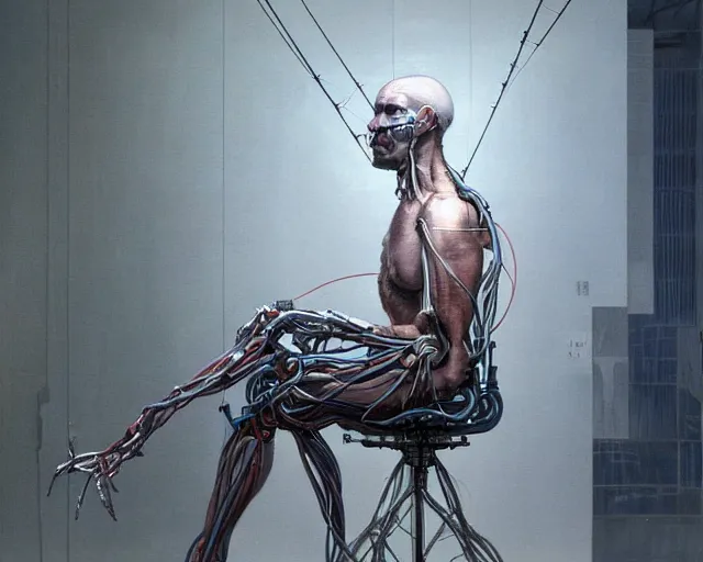 Image similar to a hyperrealistic painting of a human cyborg sitting in a chair with limbs stretched out, tied with electrical cables connected to supercomputers, flood of images flowing from his head, tesseract, vitruvian man, by greg rutkowski and artgerm, trending on artstation, concept art, insane details, zoomed out