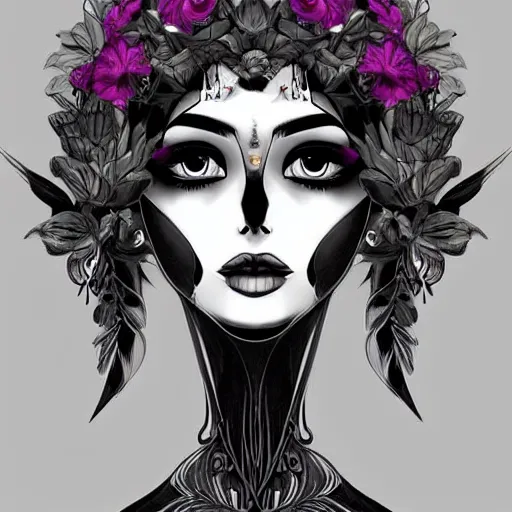 Image similar to beautiful dark goddess, black flower crown, stunning, trending on artstation, symmetrical