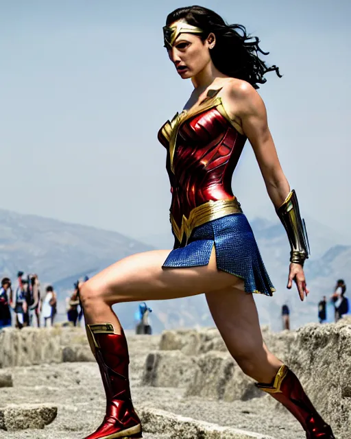 Image similar to gal gadot as wonder woman, at the 2 0 0 - meter starting line, ancient greek olympic trials, mount olympus can be seen off in the distance, sports photography in the style of neil leifer, no dof