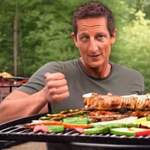 Image similar to film still of bear grylls dressed as a bear at a bbq grill party