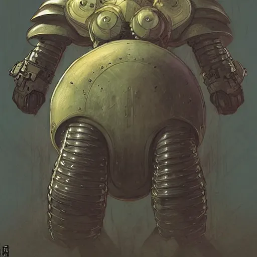 Prompt: portrait of hulking, brutish clone with vacant expression and giant isopod attached to back of neck, wearing brutalist black steel power armor and camoflauge cloak, clearly visible face, science fiction concept art by Anato Finnstark, Alphonse Mucha, and Greg Rutkowski