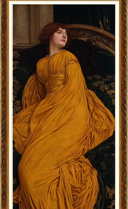 Image similar to preraphaelite full body reclining portrait photography masterpiece, perfectly poised, foreshortening, brown hair fringe, yellow ochre ornate medieval dress, frederic leighton, background by william morris and kilian eng, framed, 4 k