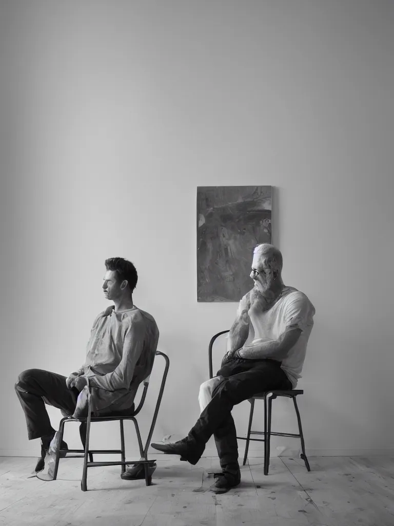 Image similar to a man sitting on a chair in a white room