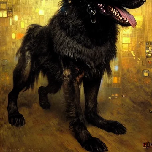 Image similar to a portrait of a black german shepard dogman canine neuromancer with human eyes furious angry holding computer console. shadowrun cyberpunk fantasy d & d highly detailed painting by gaston bussiere craig mullins jc leyendecker gustav klimt artgerm greg rutkowski