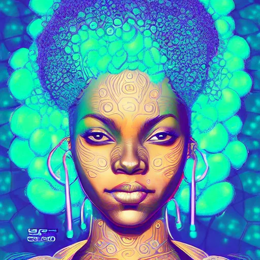 Prompt: afro goddess inside matrix deepdream radiating a glowing aura stuff loot legends stylized digital illustration video game icon artstation lois van baarle, ilya kuvshinov, rossdraws,