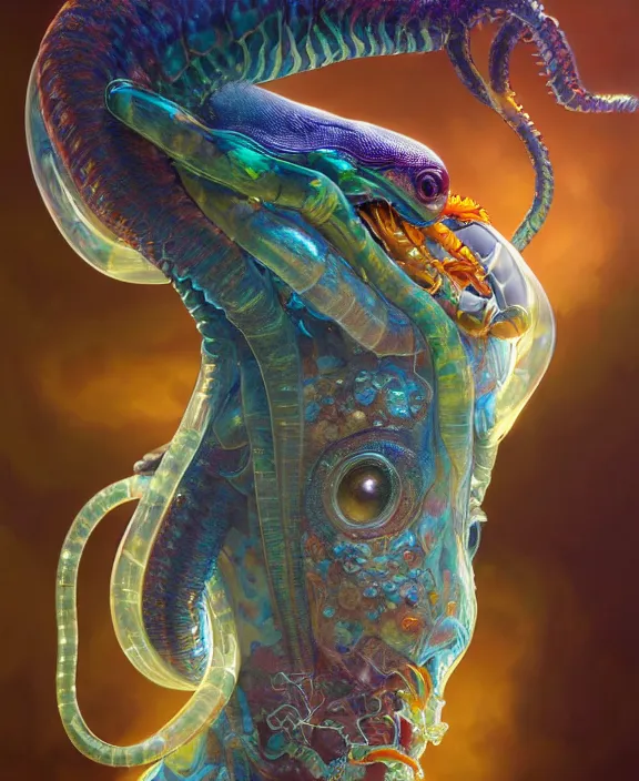 Prompt: intricate colorful transparent portrait of a disturbing beautiful alien snake creature, mottling coloring, adorable, childlike, medical equipment hospital environment, ultra realistic, concept art, art nouveau, photorealistic, octane render, 8 k, unreal engine. art by christopher marley and artgerm and greg rutkowski and alphonse mucha