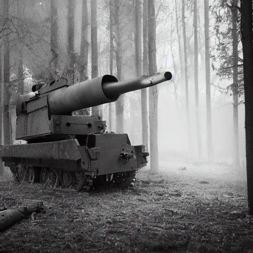 Image similar to film still of a military compound during ww 2 in the forest, big anti aircraft gun between 2 buildings, trenches dug around the perimeter, filmgrain, zeiss lens, redshift, octane, foggy diffused lighting