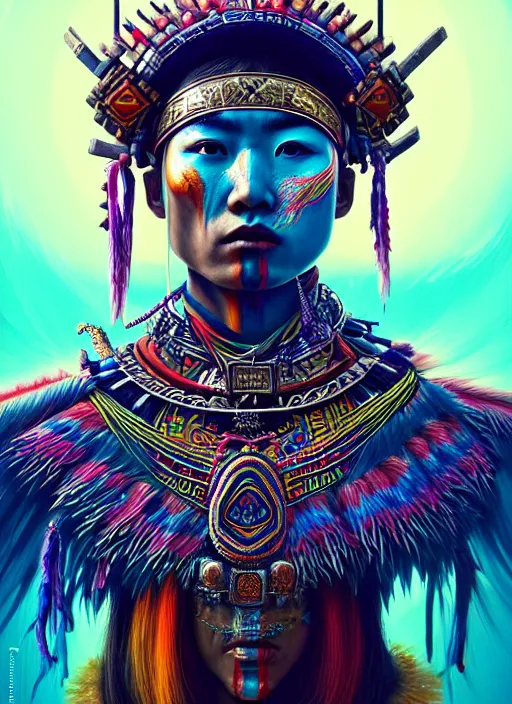 Prompt: portrait of yang yang, hyper detailed ultra sharp aztec shaman warrior. trending on artstation, warpaint aesthetic, bloodwave, colorful, psychedelic, ornate, intricate, digital painting, concept art, smooth, sharp focus, illustration, art by artgerm and greg rutkowski and h. r. giger, 8 k