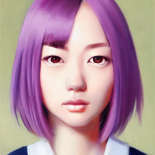 Prompt: Portret of Nakamura Aya, lilac eyes, straight hair cut in a bob, japanese school uniform, front closeup, highly detailed, centered, oil painting, artstation, anime painting by WLOP
