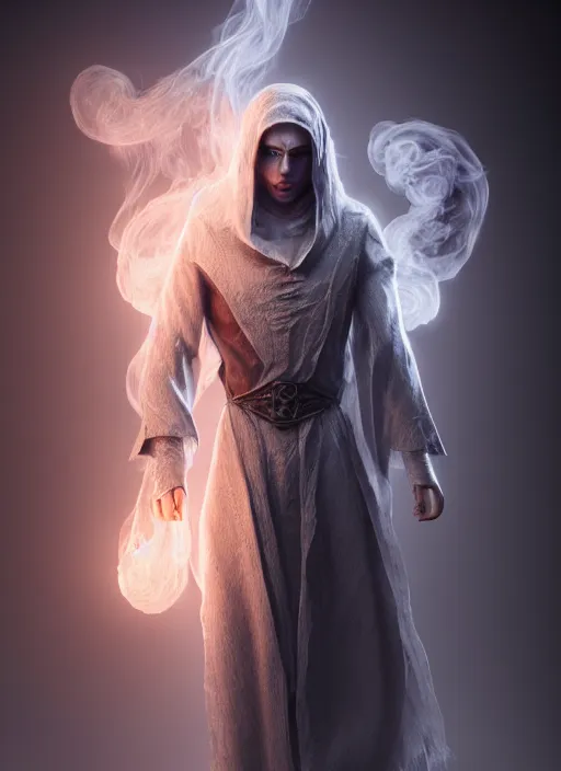 Image similar to highly detailed stunning image of ghost sorcerer full body, 3 d octane render, unreal engine, hyper realistic, realistic, soft illumination, surrounded in dask wispy smoke, trending artstation