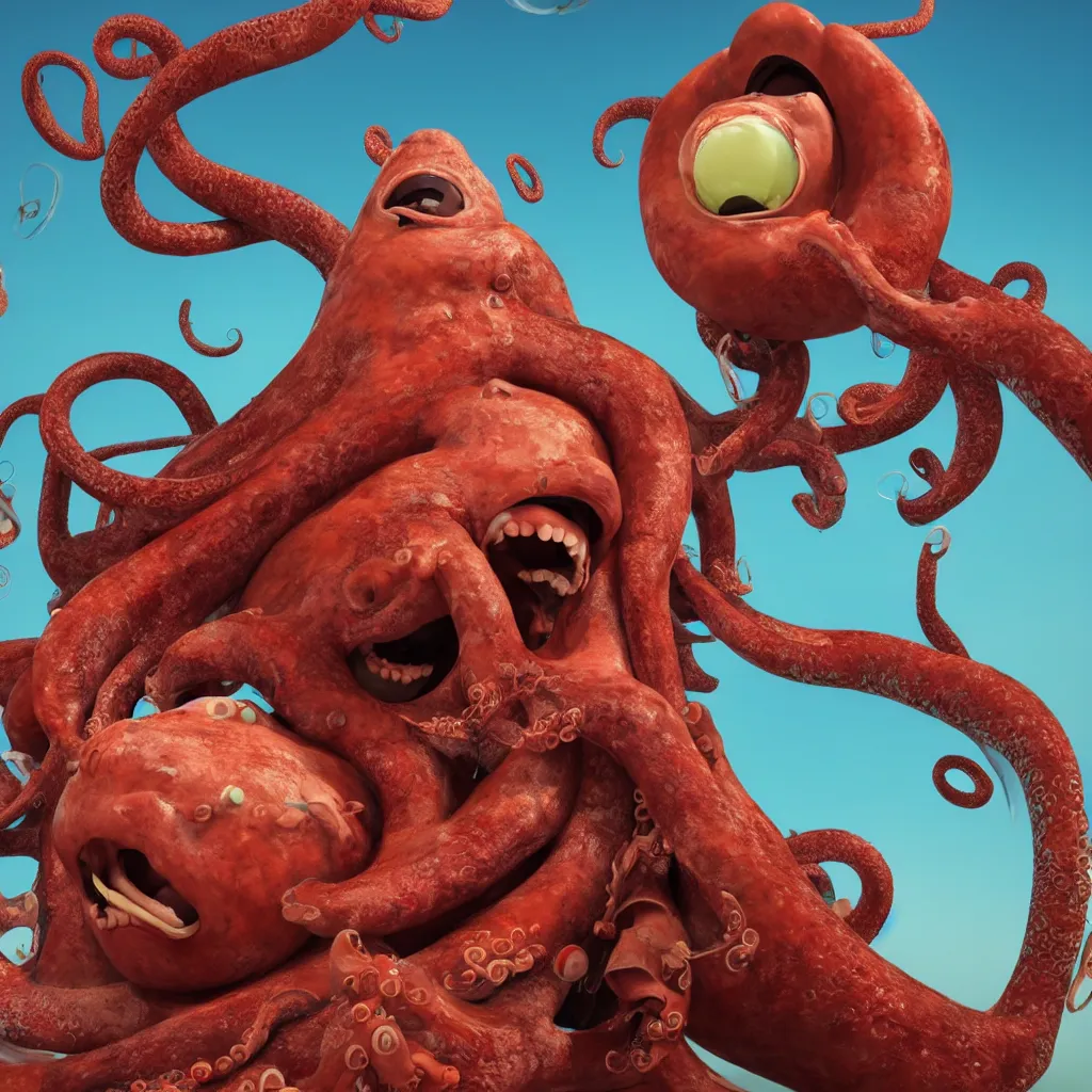 Image similar to a widescreen colorchrome portrait photo of a old happy screaming man holding a giant giant octopus with 6 eyes, style steve mccurry octane render 8 k