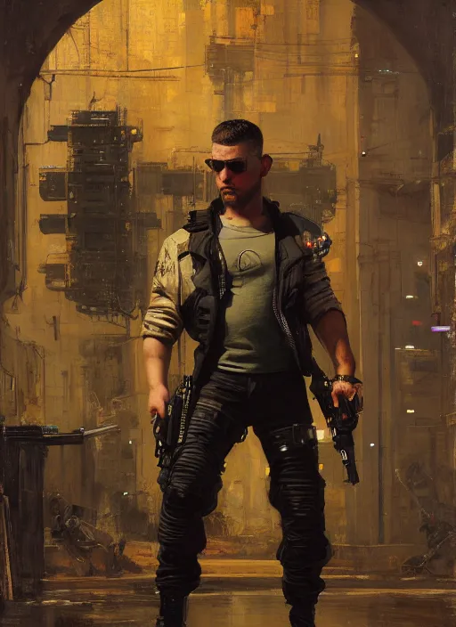 Prompt: big mike. cyberpunk hacker wearing a military vest and combat gear. (Cyberpunk 2077, bladerunner 2049). Iranian orientalist portrait by john william waterhouse and Edwin Longsden Long and Theodore Ralli and Nasreddine Dinet, oil on canvas. Cinematic, hyper realism, realistic proportions, dramatic lighting, high detail 4k