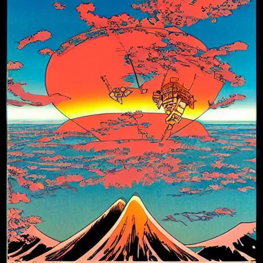 Prompt: A stunning japon rising sun, in the style of Katsuhiro Otomo & M. W. Kaluta, manga style, vibrant, amazing cel-shaded oceanic masterpiece.