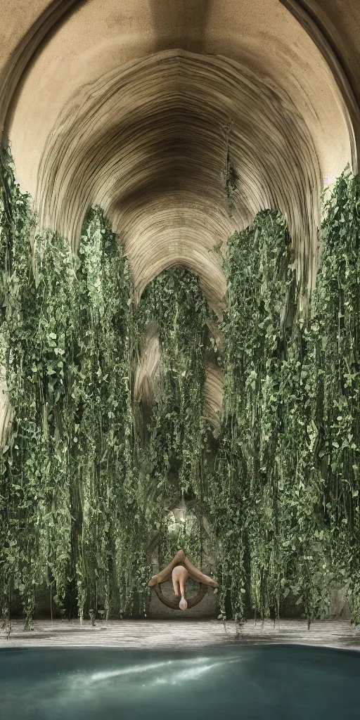 Prompt: photo inside underground lattice of sandstone vaults. daylight streams in from sky between arched ribs. a man swims laps in a clear pool. architectural photography. 4 k, 8 k. volumetric lighting. dark, somber, moody lighting, deep shadows. ivy and many plants hanging from ceiling, weathered concrete. corona render