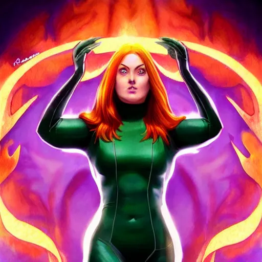 Image similar to jean grey, a full body portrait of jean grey, green eyes, red hair, phoenix rising, flames, comic, x - men, highly detailed, artstation, deviantart, symetry, digital painting, vivid colors, realistic shaded perfect face, volumetric lighting, atmospheric, sharp focus, moody, art by artgerm and greg rutkowski, 8 k