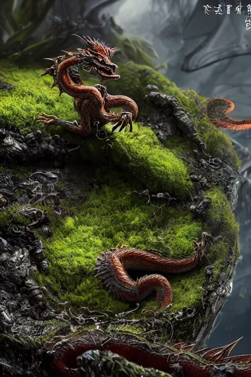 Image similar to a tiny mycelium moss dragon, dramatic lighting, cinematic, establishing shot, extremely high detail, foto realistic, cinematic lighting, post processed, concept art, high details, cinematic, 8k resolution, beautiful detailed, photorealistic, digital painting, artstation, concept art, smooth, sharp focus, artstation trending, octane render, unreal engine