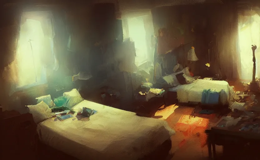 Image similar to a messy bedroom interior, painting by Craig Mullins, octane rendering, soft lighting, wide angle lens, low view, in the style of Pixar animation, trending on artstation,