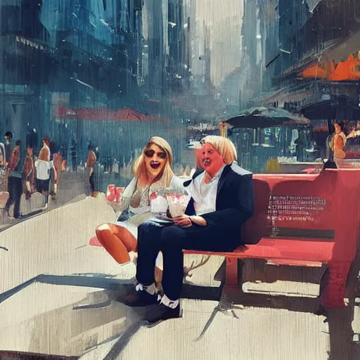 Image similar to Michael Mcintyre sitting next to a blonde woman eating ice creams & taking a selfie, greg rutkowski