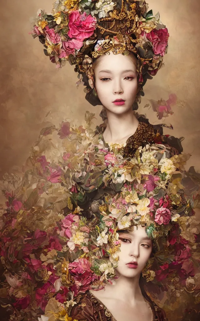 Image similar to an empress portrait, with a brilliant impossible striking big flower headpiece, clothes made entirely out of flowers, rococo, baroque, vogue, rim light, asian, epic art, realistic, wlop style, insane detail, octane render, 8k, fantasy, diva