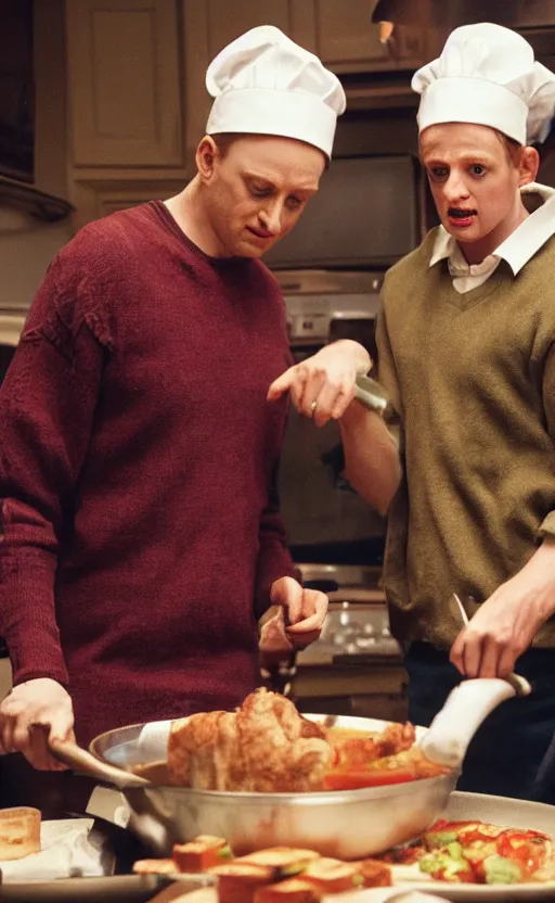 Prompt: kevin mccallister cooking harry and marv for dinner, photorealistic, realistic, detailed, hyperrealistic, 8 k, hdr, high quality, high resolution, lossless quality