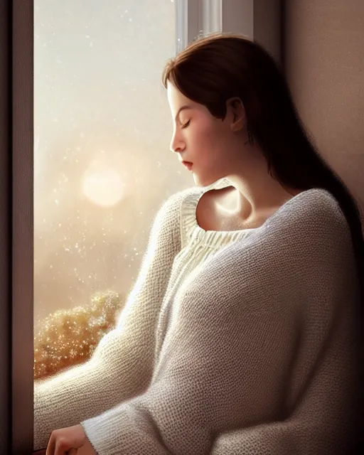 Image similar to photograph of a pretty french girl with dark hair, wearing a loose oversized white sweater, cuddled up by a windowsill sipping a mug of tea during sunset. dramatic lighting, fantasy, intricate, elegant, highly detailed, lifelike, photorealistic, digital painting, artstation, illustration, concept art, smooth, sharp focus, art by John Collier and Albert Aublet and Krenz Cushart and Artem Demura and Alphonse Mucha