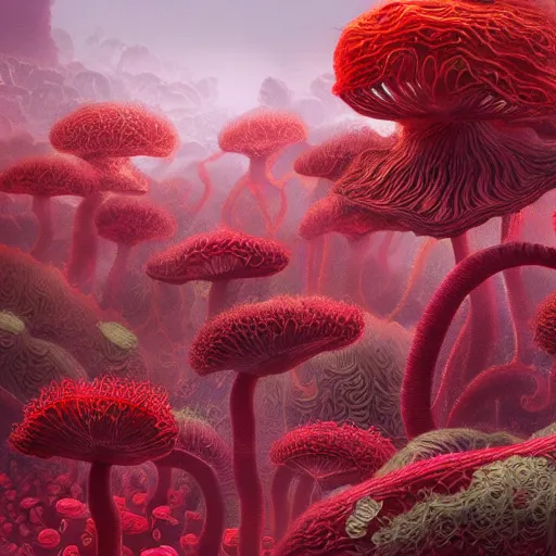 Prompt: a beautiful detailed matte painting of seaweed growing out of strange scarlet mushrooms, pattern, fractals, moebius, trending on artstation