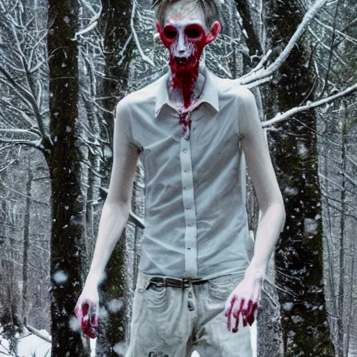 Image similar to blood soaked skinwalker, lanky, skinny, pale skin, snow, forest, dark, horrifying