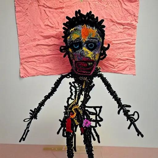 Image similar to papercraft scene made entirely of pipecleaners and crumpled foil of Jean-Michel Basquiat as a full-body bronze baroque statue of Icarus in the posing like a bird for flight, crown of peach roses, flowing pink-colored silk, fabric, flowers. baroque elements, human skull. full-length view. baroque element. intricate artwork by caravaggio. many many birds birds on background. Trending on artstation, octane render, cinematic lighting from the right, hyper realism, octane render, 8k, depth of field, 3D