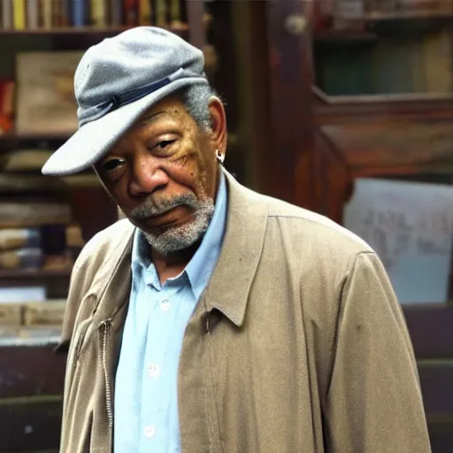 Image similar to still morgan freeman in peacky blinders wearing a news boy cap