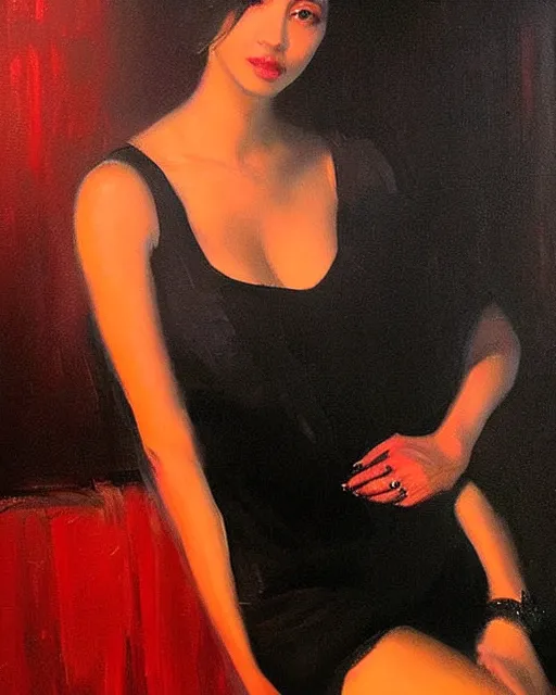 Image similar to beautiful portrait painting an gorgeous delhi girl wearing a little black dress at a nightclub, red lighting, oil painting, art by ruan jia