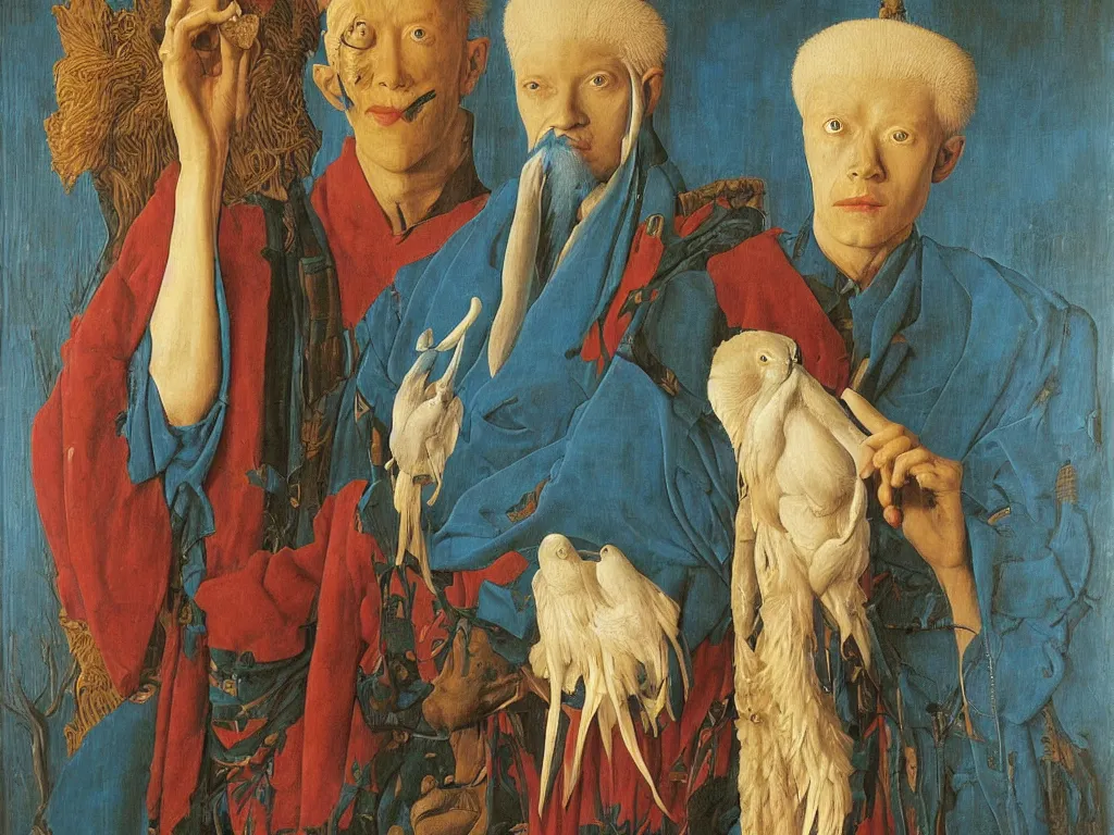 Image similar to Portrait of albino mystic with blue eyes, with beautiful exotic African wood sculpture. Painting by Jan van Eyck, Audubon, Rene Magritte, Agnes Pelton, Max Ernst, Walton Ford