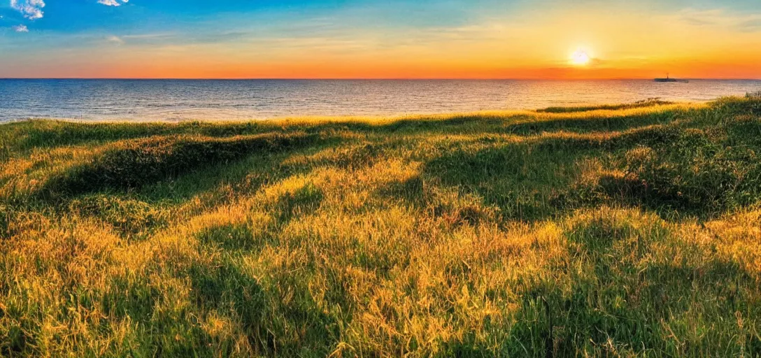 Prompt: countryside next to the ocean during golden hour by studio ghibli, peaceful, serene, blissful, golden hour