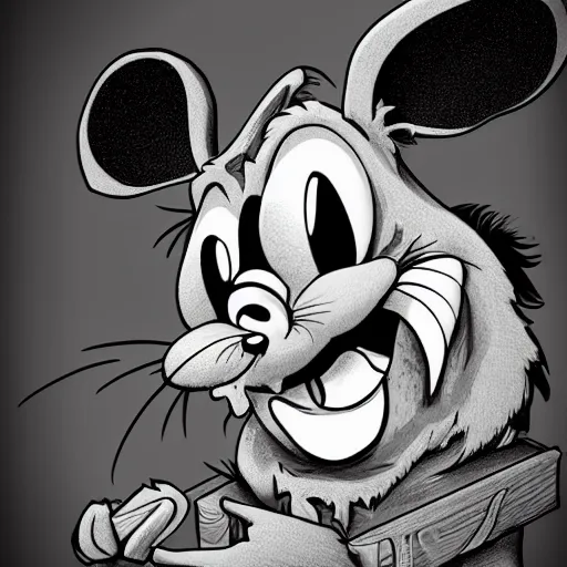 Image similar to A extremely highly detailed majestic hi-res beautiful, highly detailed head and shoulders portrait of a scary terrifying, horrifying, creepy black cartoon rabbit with scary big eyes, earing a shirt laughing, hey buddy, let's be friends, in the retro art style of Walt Disney