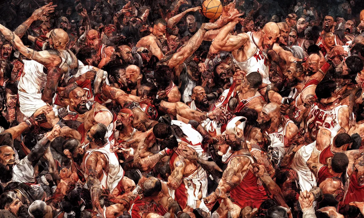 Image similar to a detailed digital art rendition of kratos as lebron james throwing basketballs in a mosh pit, art by norman rockwell