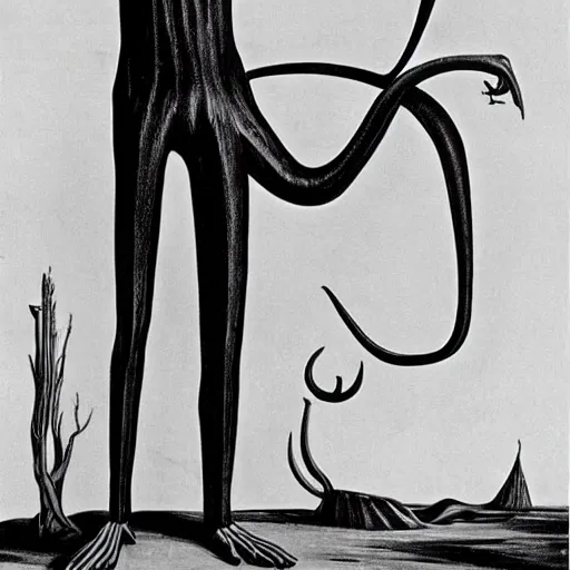 Prompt: significantly tall skinny monster with very long legs, curved in shape, by most famous surreal artist