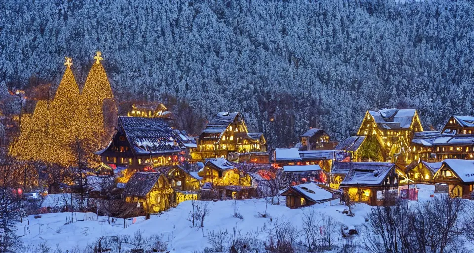 Prompt: an abandoned village in the black forest at midnight illuminated by christmas lights